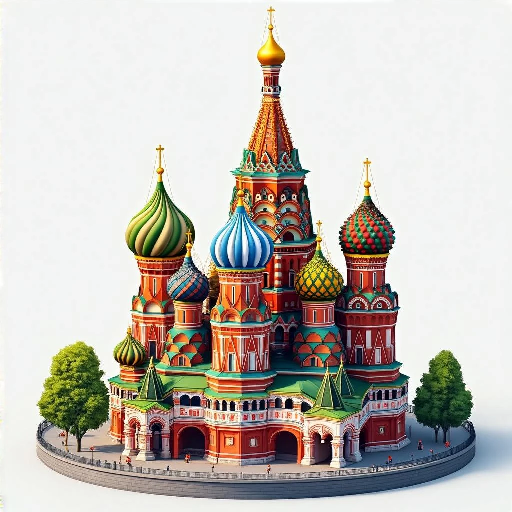 Isometric illustration of Moscow, featuring photorealistic Saint Basil's Cathedral with colorful onion domes, highly detailed in semi-realistic style, balanced between stylized and realistic, 3D miniature effect with a slight hand-painted touch - transparent background emoji