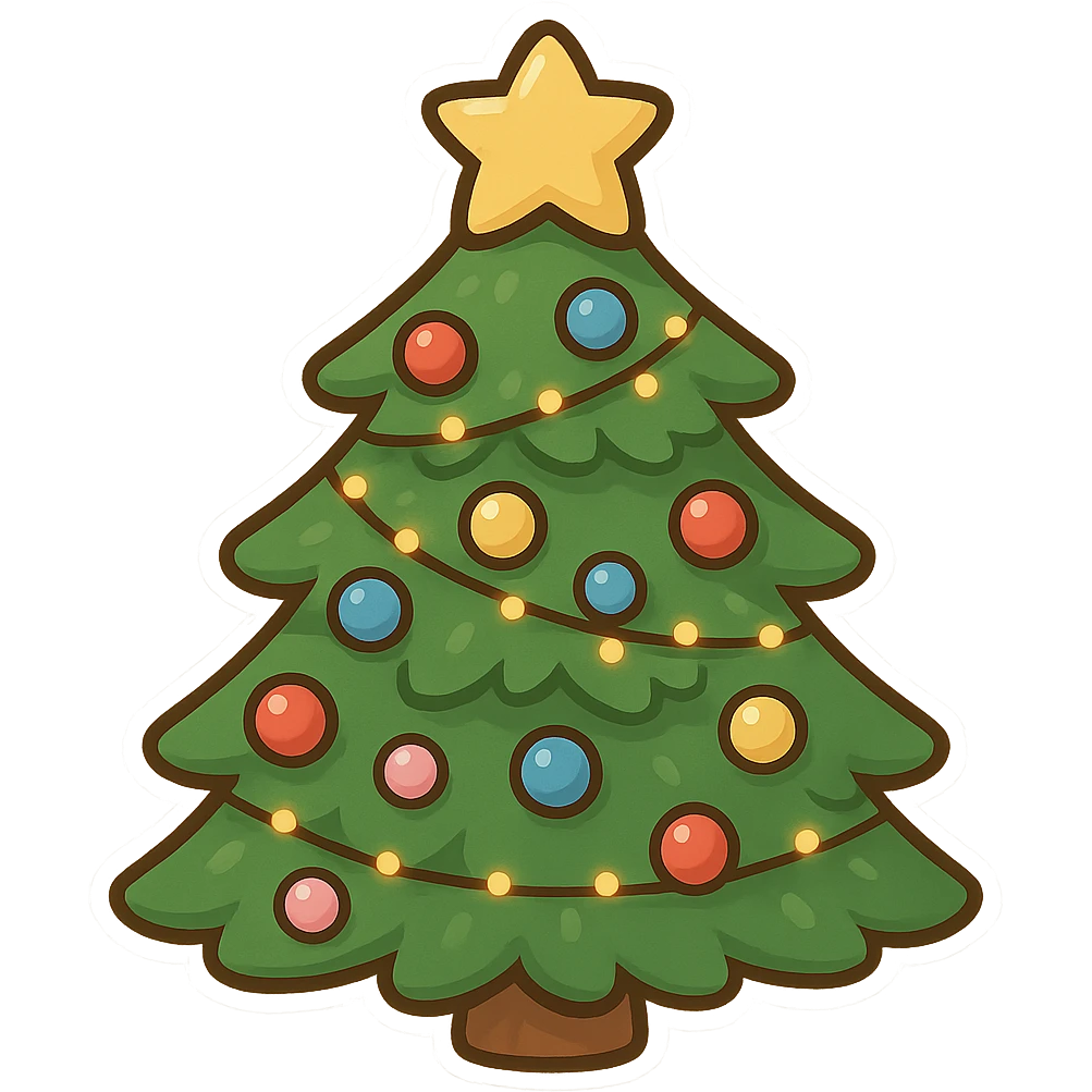 一棵圣诞树，上面挂满了彩球，围绕着一层层的串灯 emoji