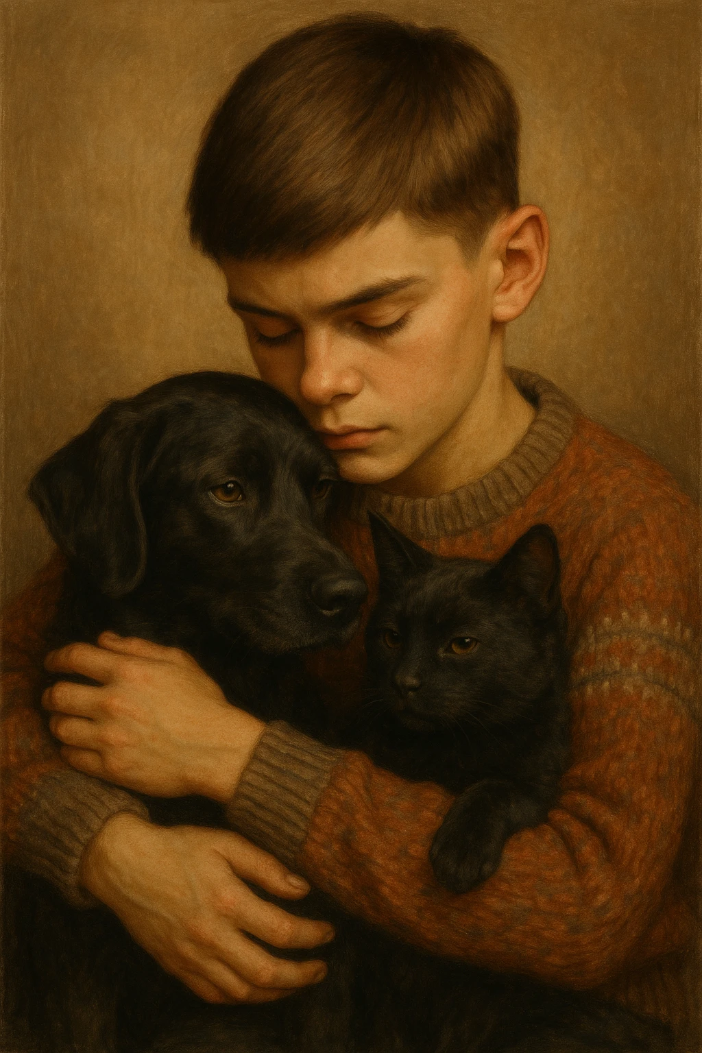A kid with a chiseled jawline, brown eyes, and flat brown hair facing down, wearing a vintage sweater, hugging a black dog and a black cat. emoji