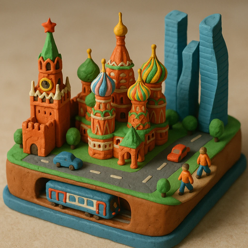 Изометричная миниатюрная 3D модель Москвы на подставке - фотореалистичный Кремль, собор Василия Блаженного, фотореалистичный Башни Москва-Сити, аккуратная детализация, яркие цвета, мультяшный реализм, гуляют люди и современный автотранспорт и метро, компактная композиция, вид сверху в изометрии emoji
