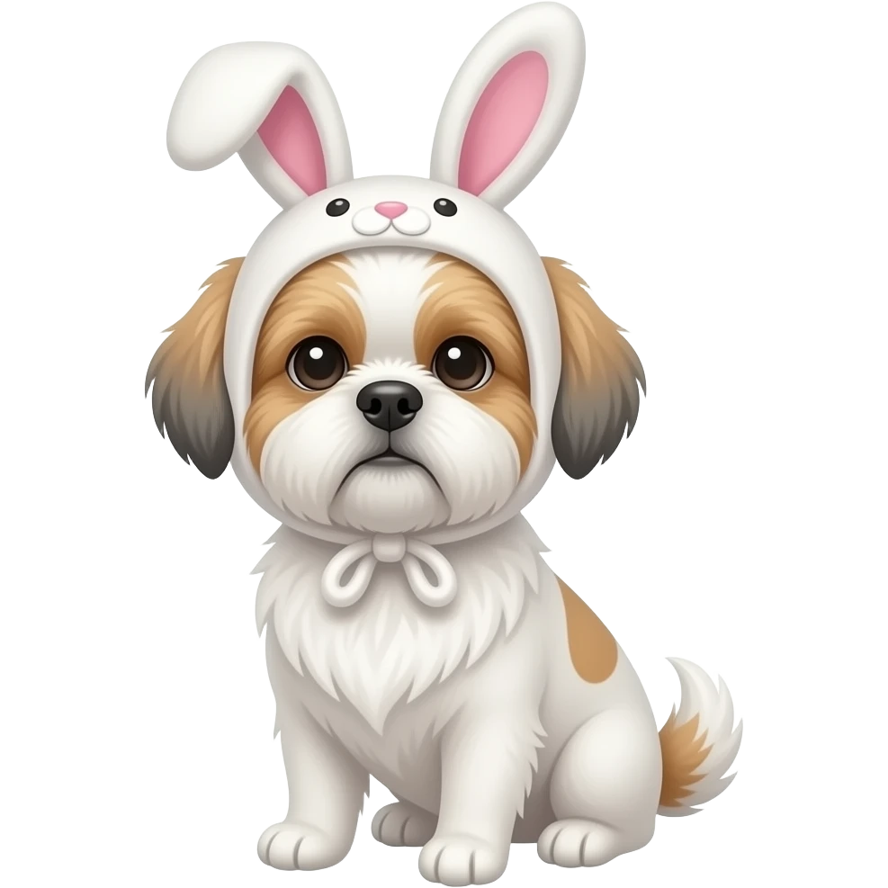 White Shih Tzu, light brown/gray ears, with a bunny hat emoji