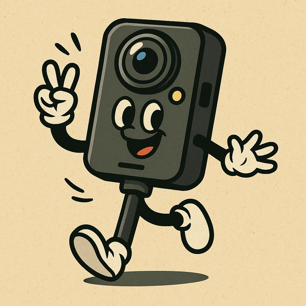 Remove any text or name from the design, keep the playful cartoon Insta360 camera on a stick character as the main subject, preserving its playful and cartoonish style. emoji
