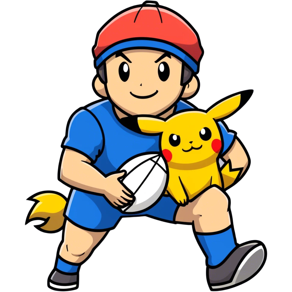 Hot handsomeb muscular 6ft tall smiling happy clean shaven Ash Ketchum playing rugby with Pikachu emoji