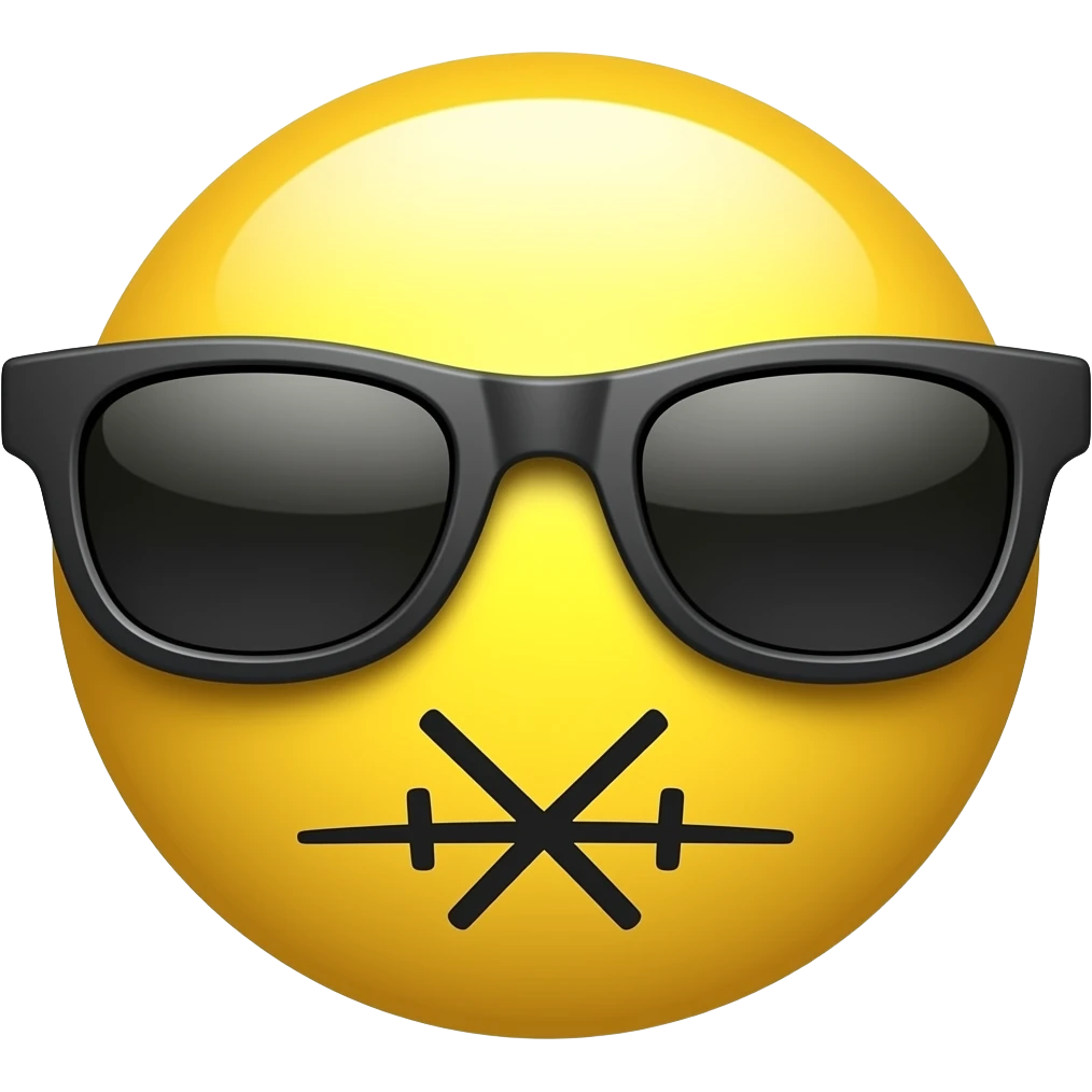 Emoji de cara redonda amarilla con gafas de sol oscuras, la luz se refleja en su superficie, . que el fondo sea negro suturas varias en forma de x boca formada por varias xxxx en forma de sutira emoji