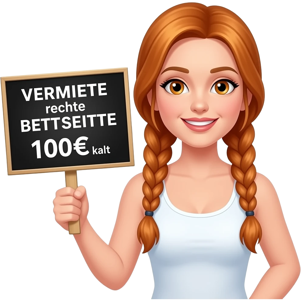 sexy girl with long ginger braids and ginger eyes wearing a white tanktop is holding a black sign with VERMIETE rechte BETTSEITTE 100€ kalt written on it emoji