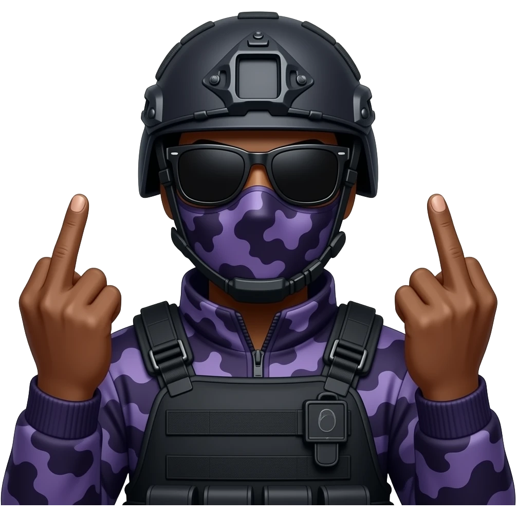 Black Man with two middle fingers in large black sungoggles dark purple camoflage tactical gear helmet mask emoji