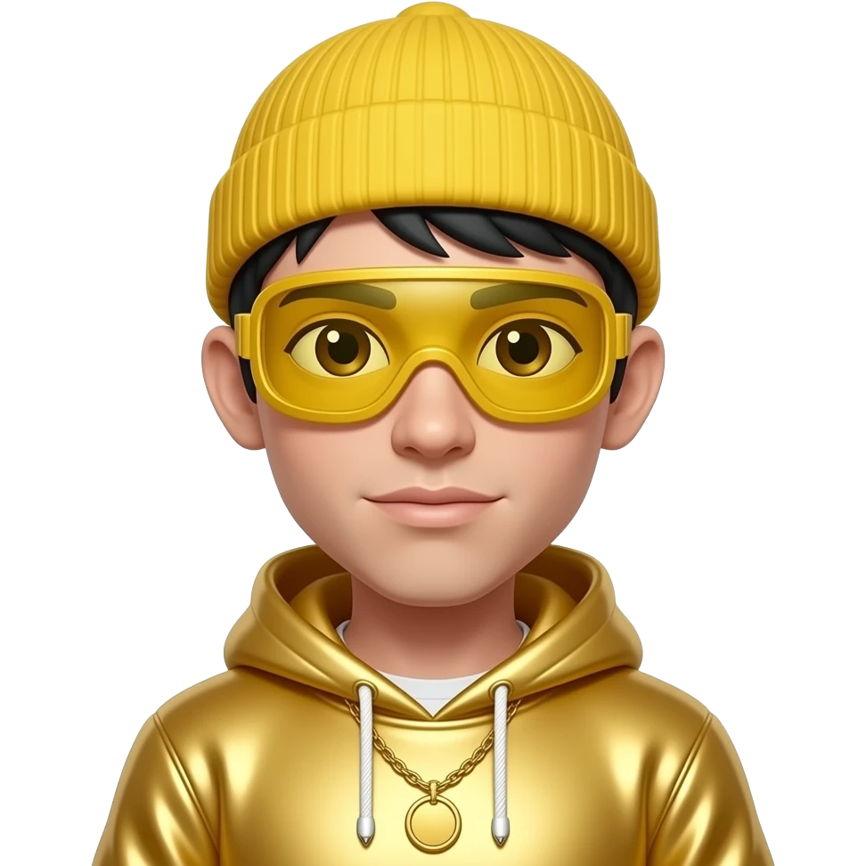 Ali G with white skin, brown eyes, black hair, yellow beanie, yellow goggles, gold metallic sweatshirt, gold necklace emoji