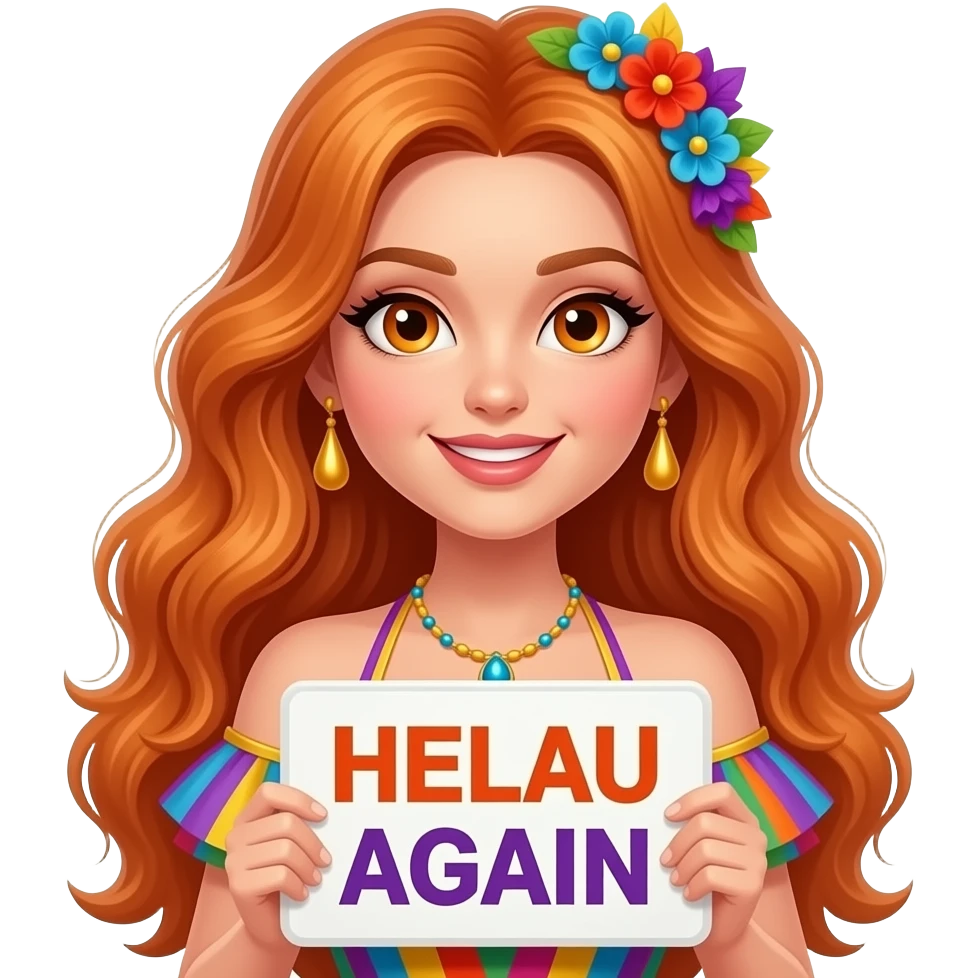 sexy girl with overlong ginger hair and ginger eyes wearing a carneval dress holding a HELAU AGAIN sign emoji