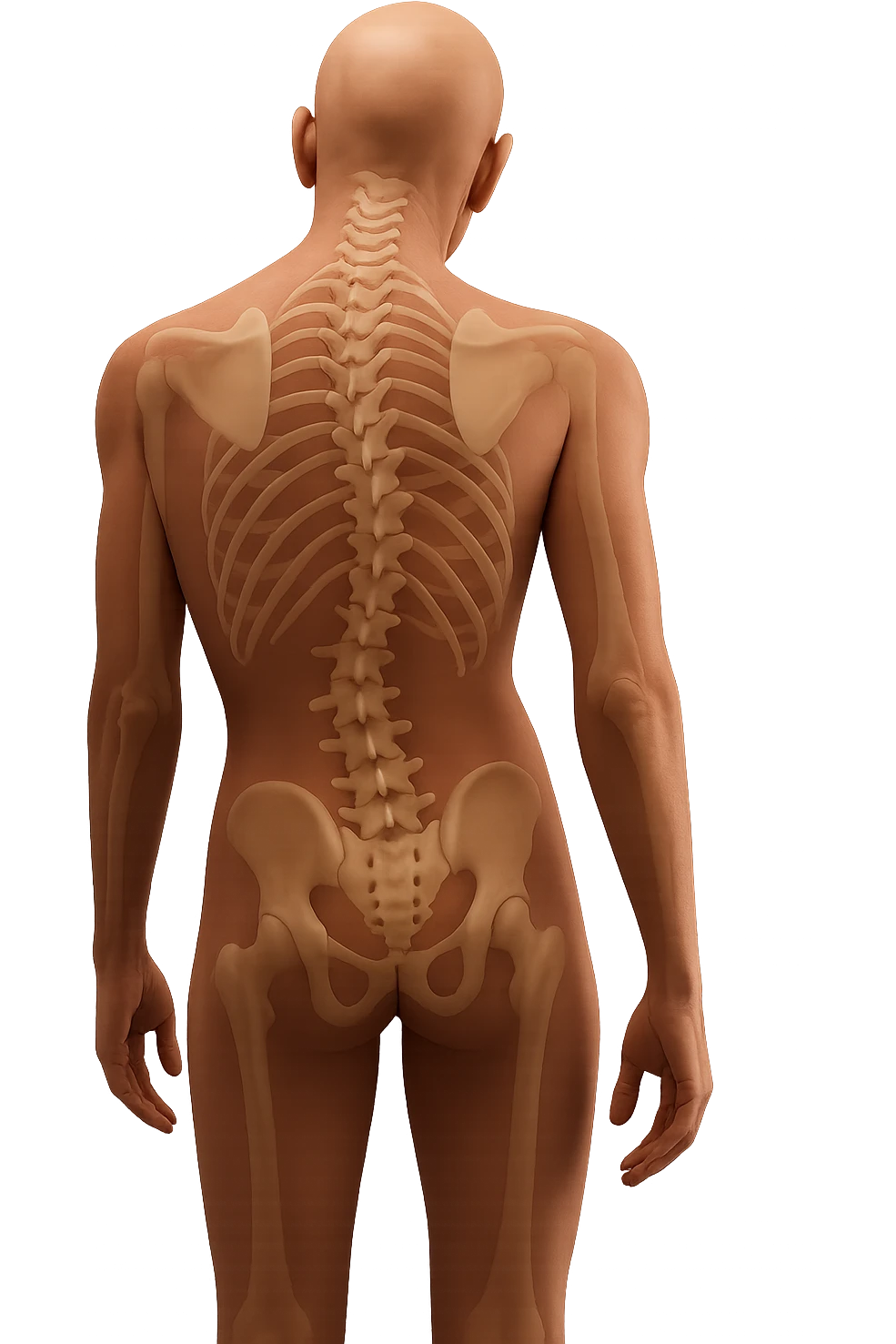 un corpo umano anatomico con spina dorsale anatomica realistica in evidenza e postura storta, iperrealistico 4k emoji