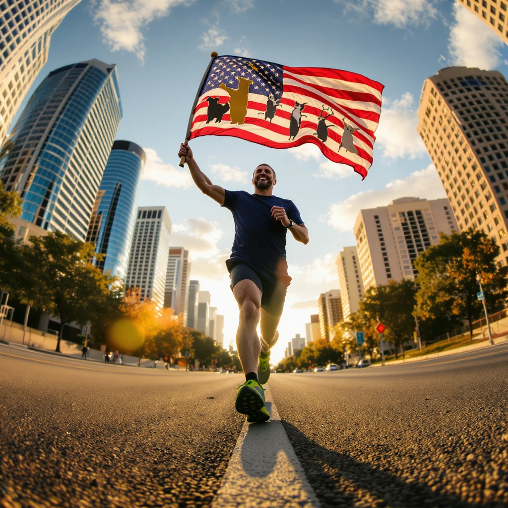 happy runner waving a flag of animals emoji