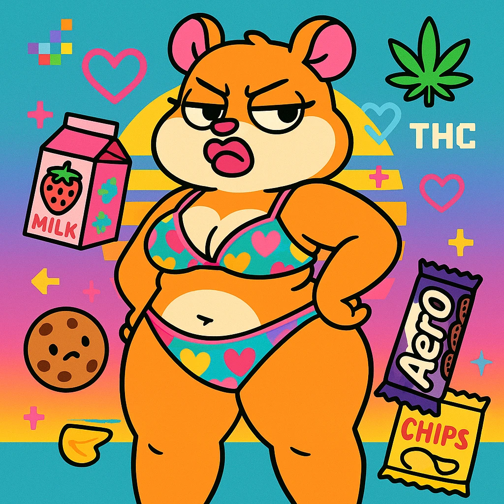 Vibrant, square Discord server icon featuring a thick tan anthro cute hamster girl with big thighs, chubby tummy, pouty lips, and a bratty attitude. She wears a playful, colorful bikini and stands in front of a colorful, vaporwave-inspired backdrop. Surround her with cute nostalgic snacks. Include playful elements such as fruitger aero aesthetic, webcore pixels, neon hearts, weed leaf, and a subtle 'THC' logo in the background. The overall style is playful, bratty, chaotic but polished, perfect for a Discord icon and appropriate for all audiences. emoji