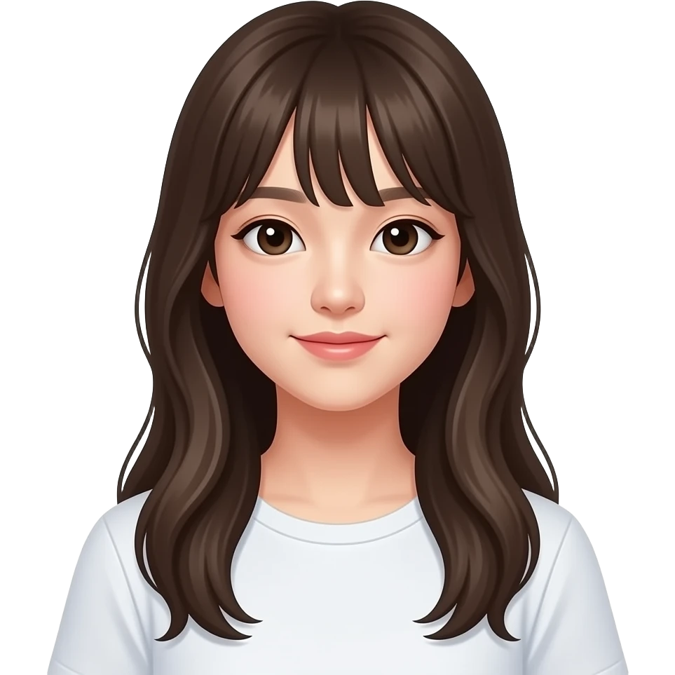 피부가 하얗고 머리가 긴 앞머리가 없는 (머리가 쇄골까지오는) 피부가 하얀 10대 한국인 여자 emoji