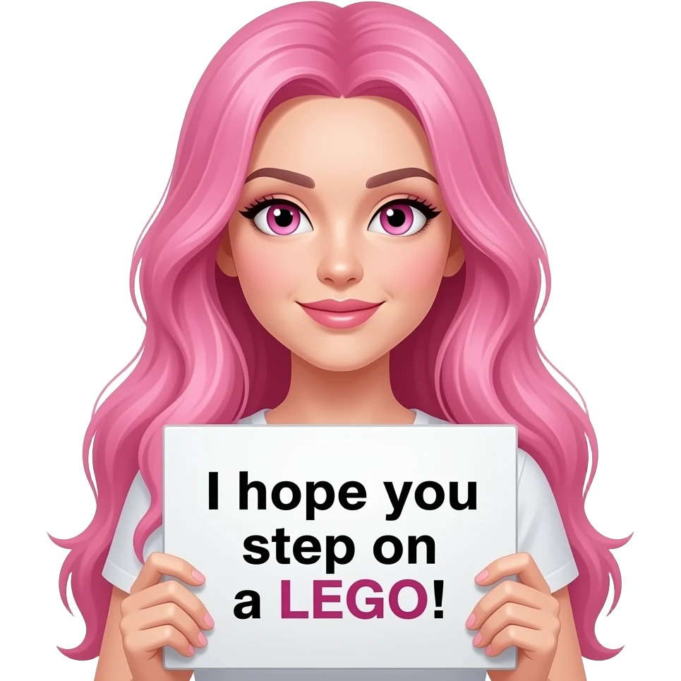 sexy girl with long pink hair and pink eyes holding a I hope you step on a LEGO! sign emoji