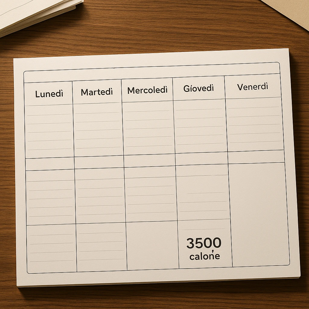 Hyperrealistic top-down view of a weekly calendar in Italian, showing days from Monday to Sunday. Only Saturday and Sunday have the text '3500 calorie' clearly visible below, with no red circle on Friday. 4K details, desk atmosphere. emoji