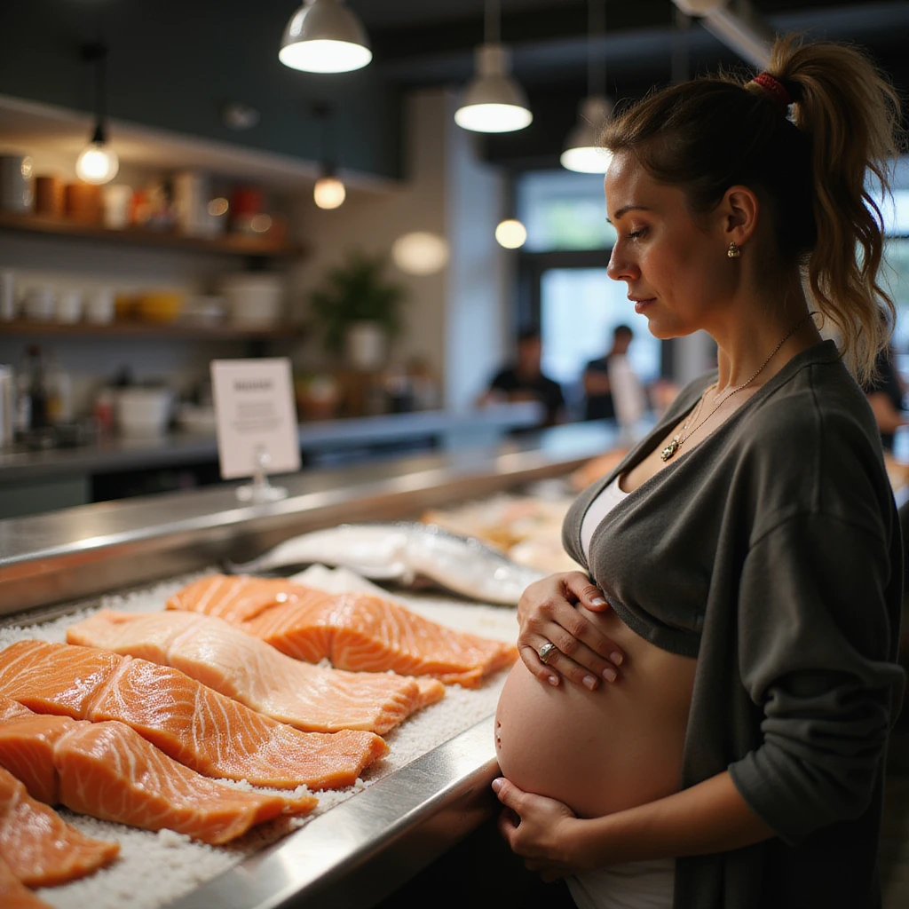 realistic pregnant woman in 4K observing the fish counter with the sign in the foreground that says: 'Attention, consuming raw salmon may pose risks during pregnancy' emoji