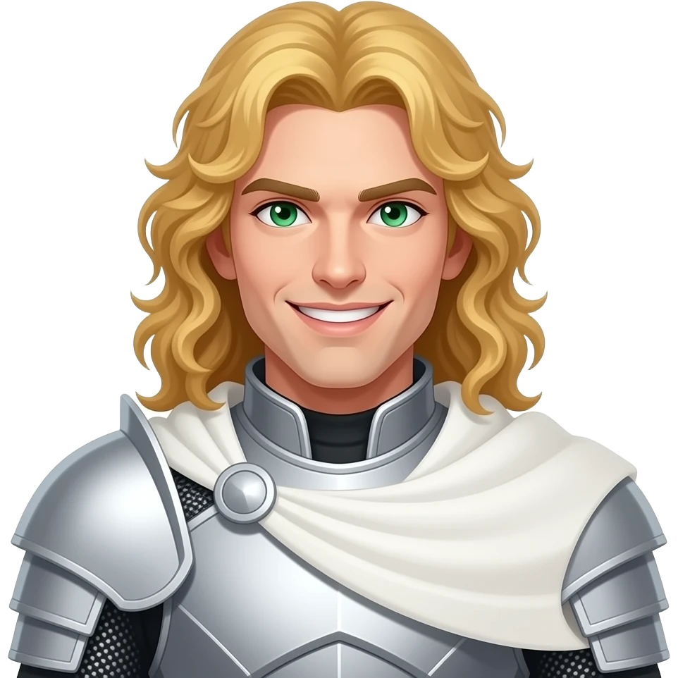 A white man with long curly yellow hair put in a middle part. He is wearing white armour with a white cape. He is clean shaven and has a smile that cuts like a knife. He also has emerald green eyes. He has a sharp jawline. emoji
