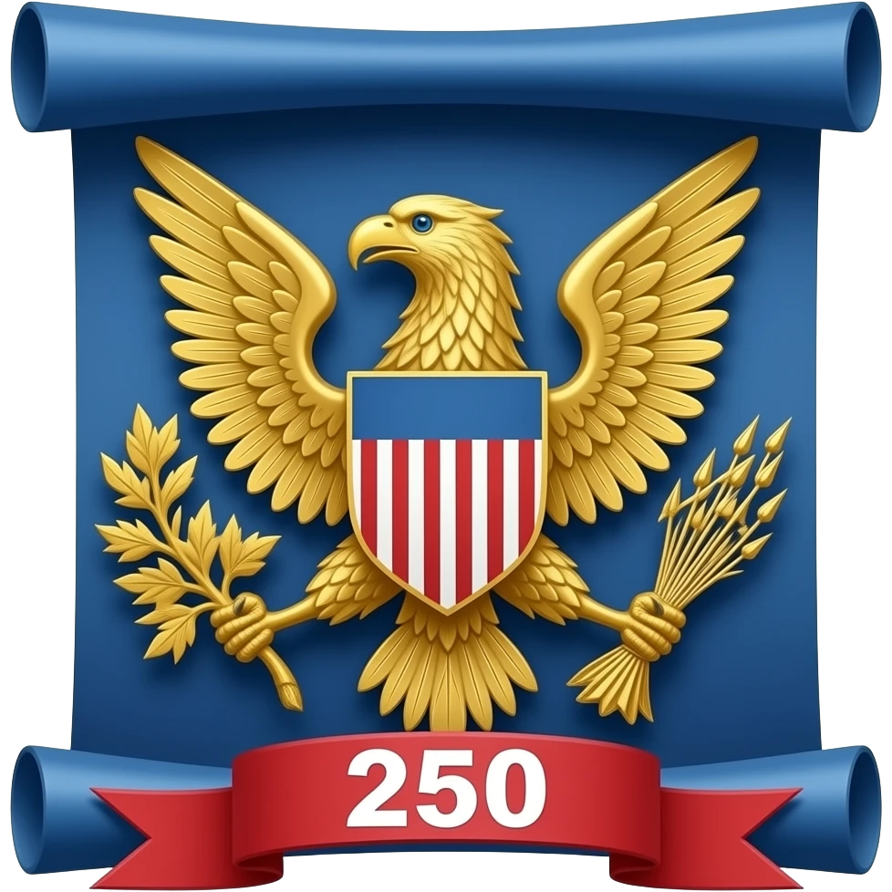 heraldic spread eagle, color gold, caption '250' red on usa blue #002868 scroll emoji