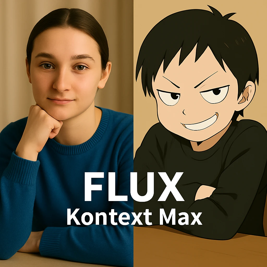 same similar image but chnage the text to "Flux Kontext Max", change people and pose too emoji