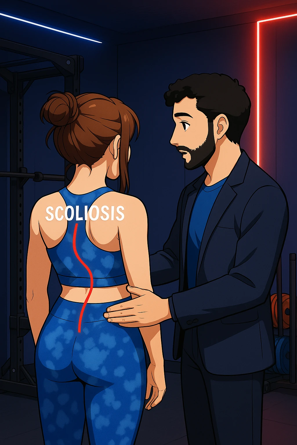 ispirati a questo stile di disegno e fai questa immagine in versione manga/webtoon a colori, il manga mostra la donna di spalle, mentre l'uomo le tocca la spina dorsale per spiegarle come funziona la scoliosi:
Con una scoliosi il baricentro corporeo cade maggiormente da un lato; per non cadere la schiena compensa accumulando tensione sul fianco opposto.
Il risultato? Si inclina e ruota sempre più, fino a che non cede (discopatie, artrosi, ecc) emoji