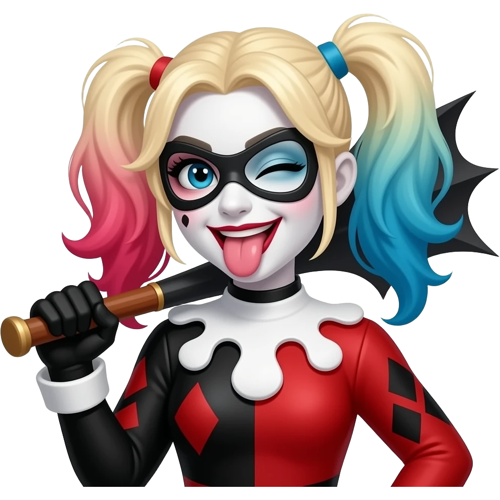 Harley Quinn sticking out her tongue with a wink holding a bat emoji
