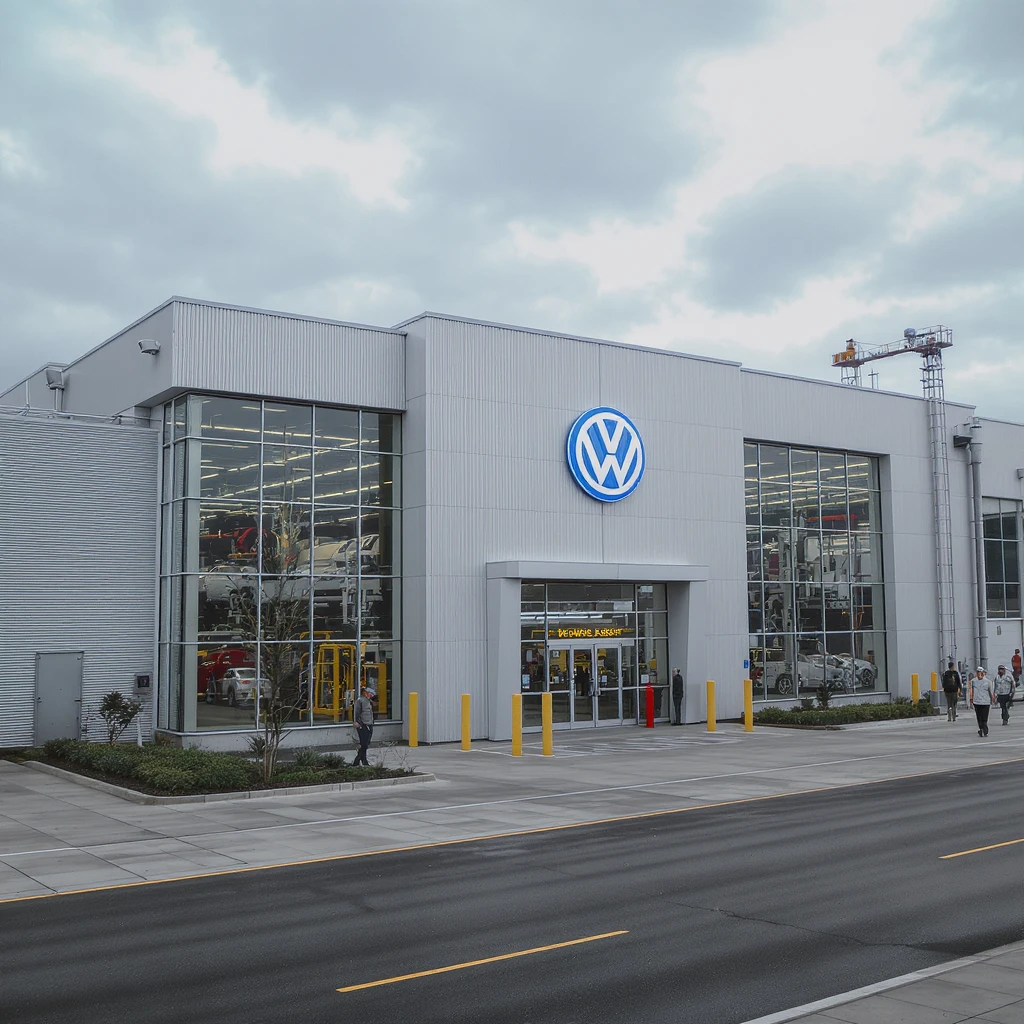Realistic Volkswagen factory exterior, large industrial building with Volkswagen logo, parking lots filled with cars, factory grounds with machinery and equipment, realistic lighting and shadows, industrial atmosphere, workers in uniforms walking around emoji