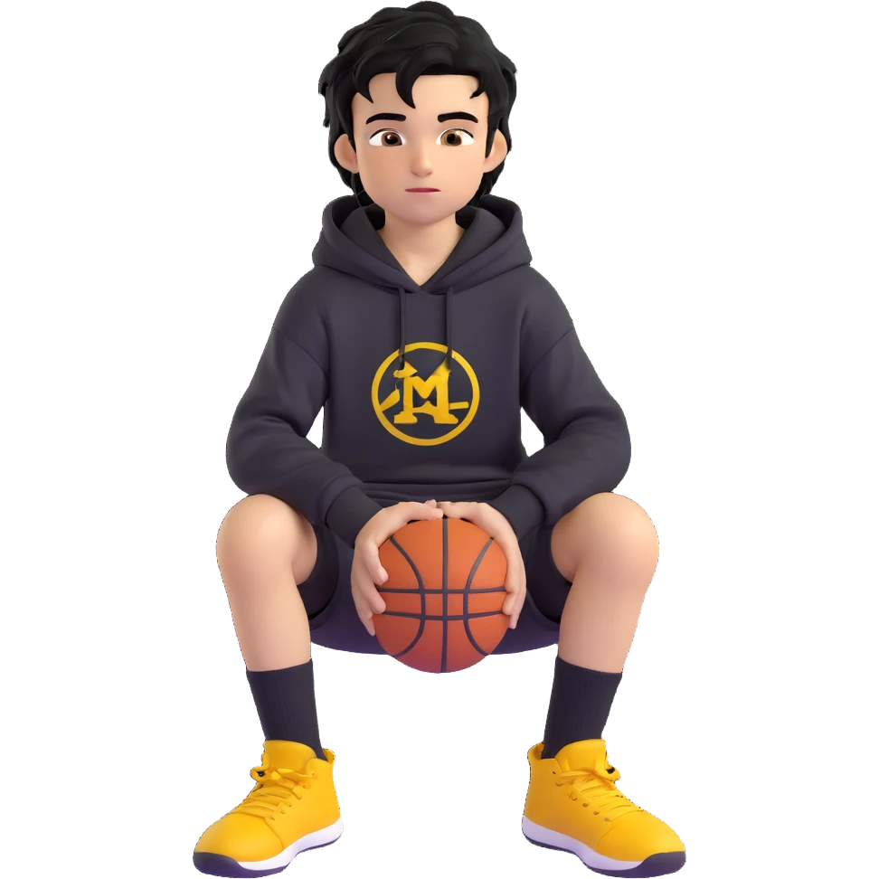 boy kid sitting in a ring sitting pose, black hoodie with hood off, smirking, black crew socks, black messy hair, black basketball shorts, yellow skin emoji