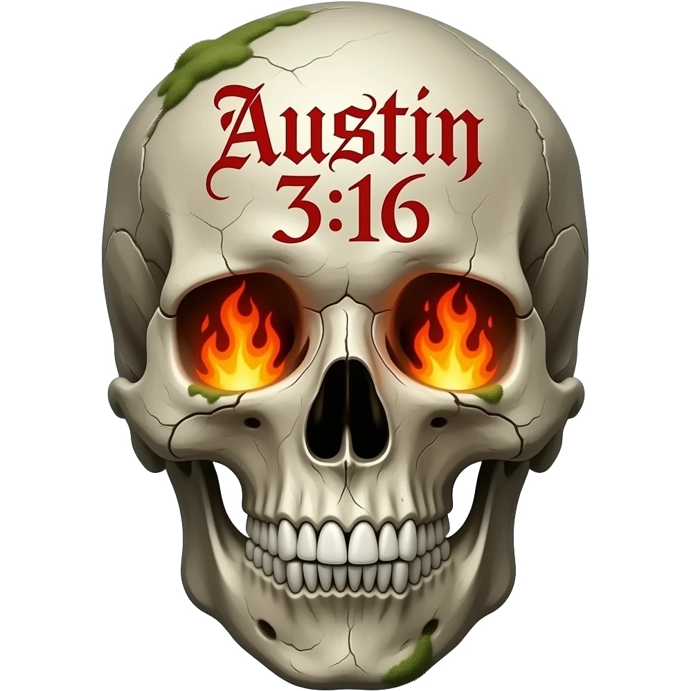 human skull, jaw slightly open, teeth chipped, Austin 3:16 carved in forehead, eye & nose cavity with flames, words a bright red Gothic font, entire skull is aged, weathered emoji