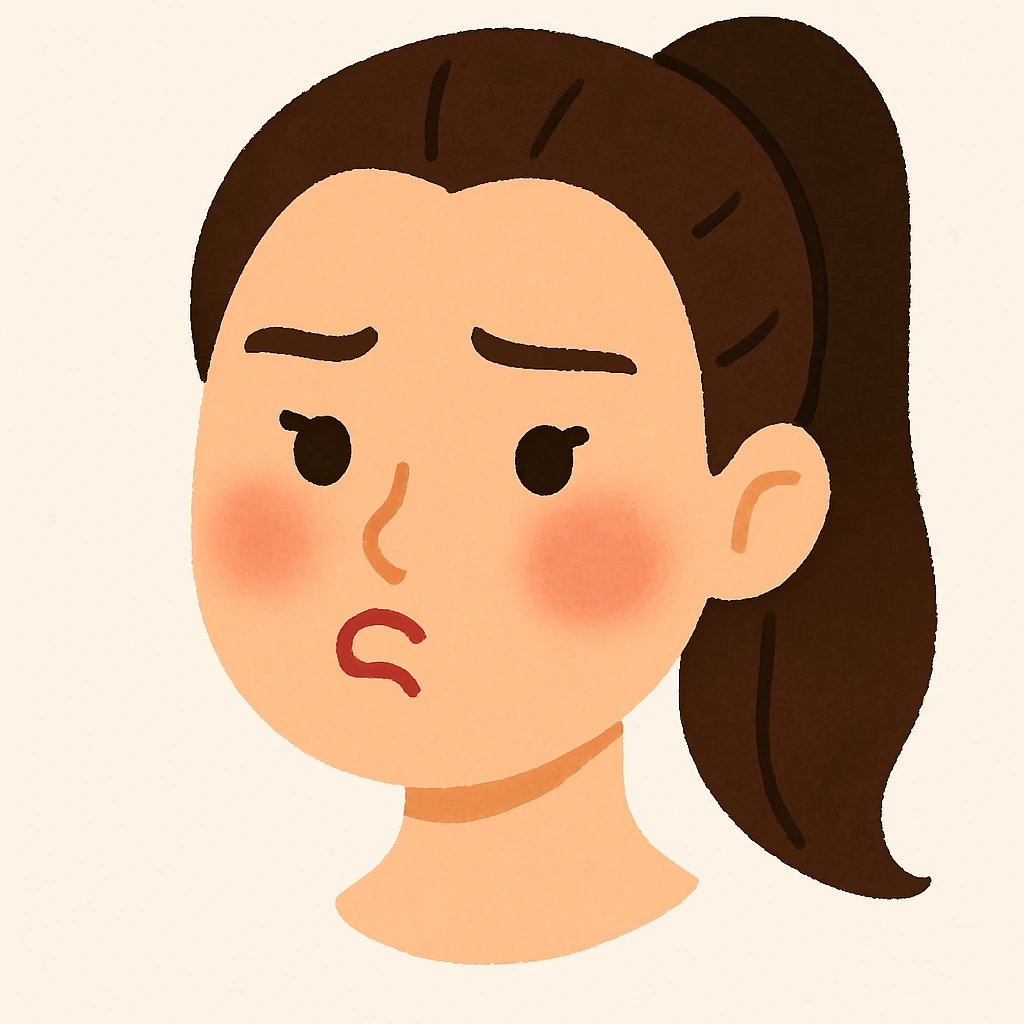 Create a soft cartoon face of Billie Eilish's head in the style of the reference image with simple features, no background. Use brown hair and a different facial expression: pouting. emoji