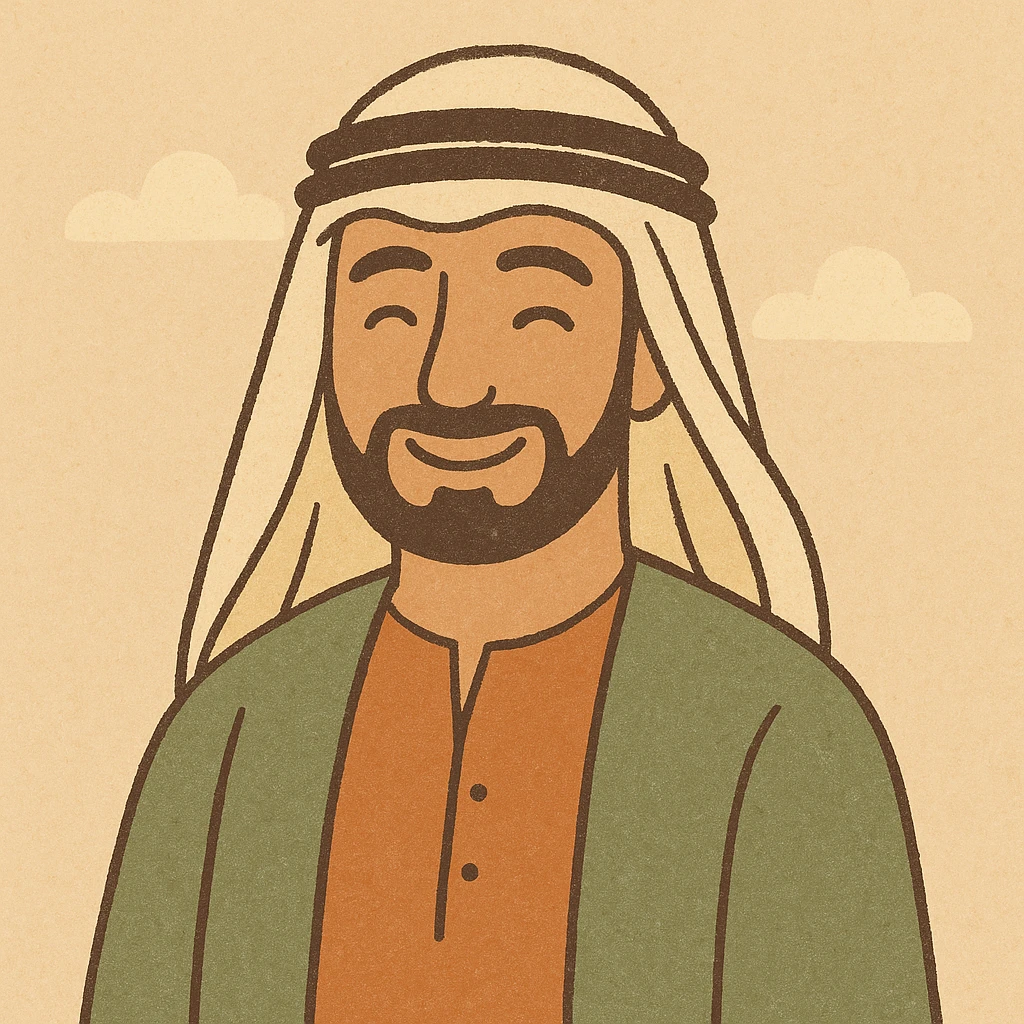 Middle Eastern man, smiling, traditional attire, minimal background, cartoon style emoji