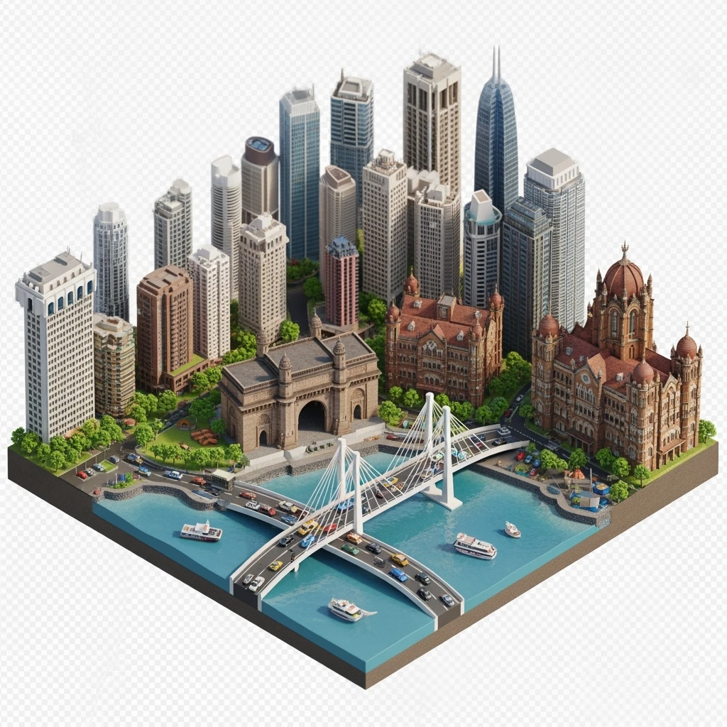 Isometric miniature of Mumbai city, featuring iconic landmarks like Gateway of India, Bandra-Worli Sea Link, Chhatrapati Shivaji Terminus,  clustered high-rises and skyscrapers, 3D miniature effect and Tilt Shift effect, no cartoonish look, transparent background.

 clustered high-rises emoji