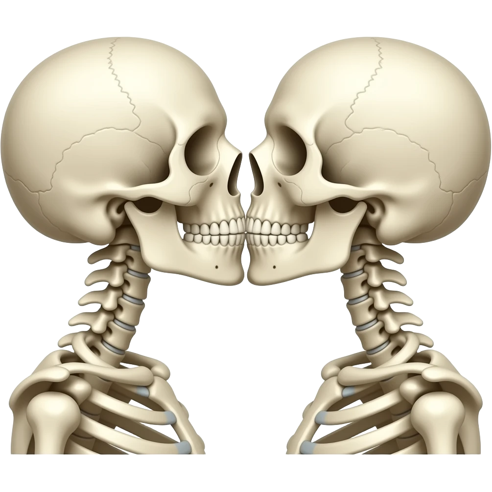 Two skeleton head and shoulders facing kissing eachother emoji