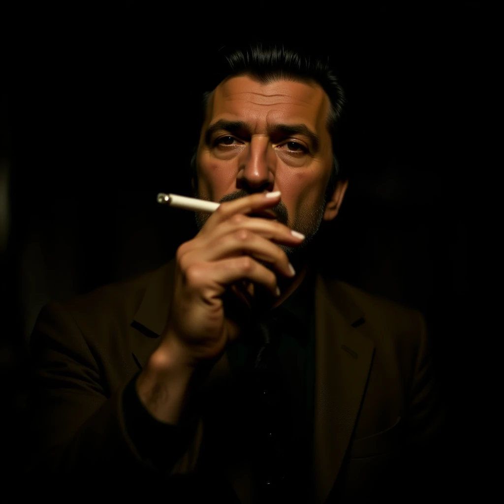 realistic scene of a 1970s mobster inspired by Robert De Niro in Goodfellas, smoking a cigarette in a dimly lit room, atmospheric emoji