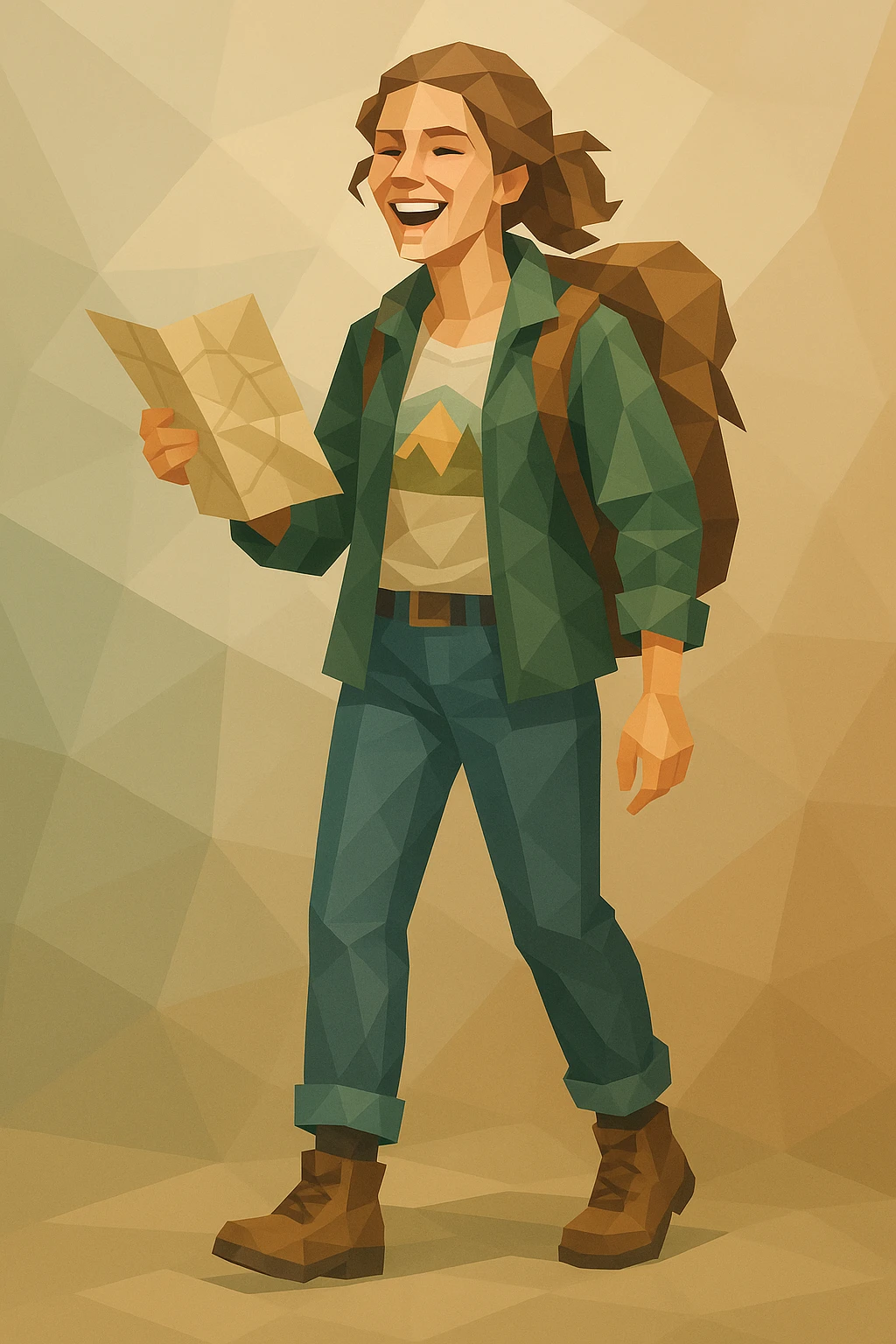 Free-spirited female adventurer, Caucasian, wavy light brown hair tied loosely, wide open smile, wearing a forest green jacket over a graphic tee, holding a map in one hand, with a backpack, full-body view emoji