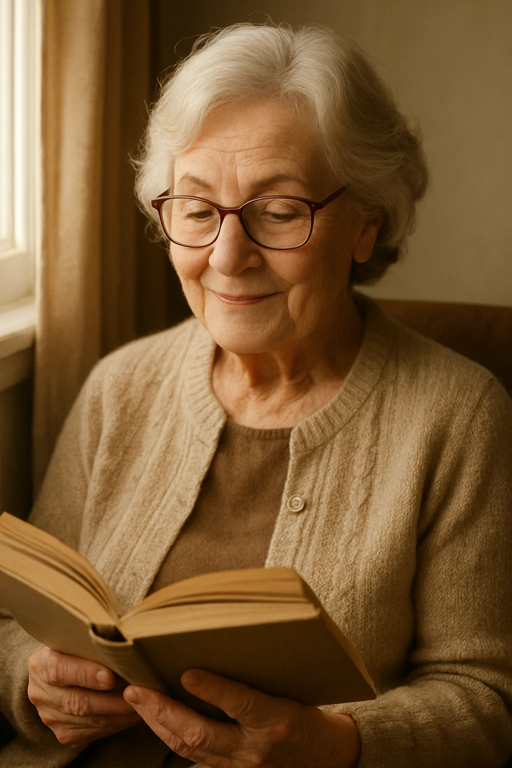 older woman wearing glasses, reading a book, gentle look emoji