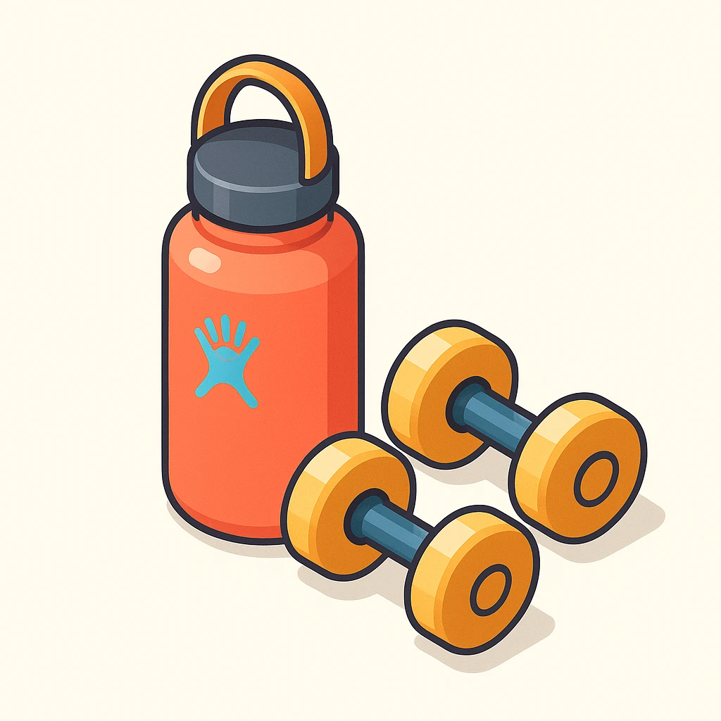 isometric 3d illustration of a hydroflask and dumbbells, vibrant colors, no text emoji