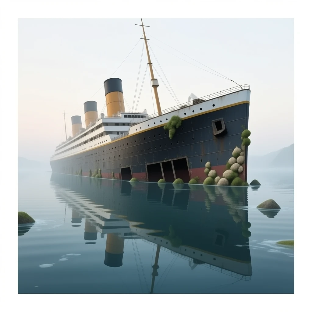 The sunken ship Titanic floats above a shallow pool of water emoji