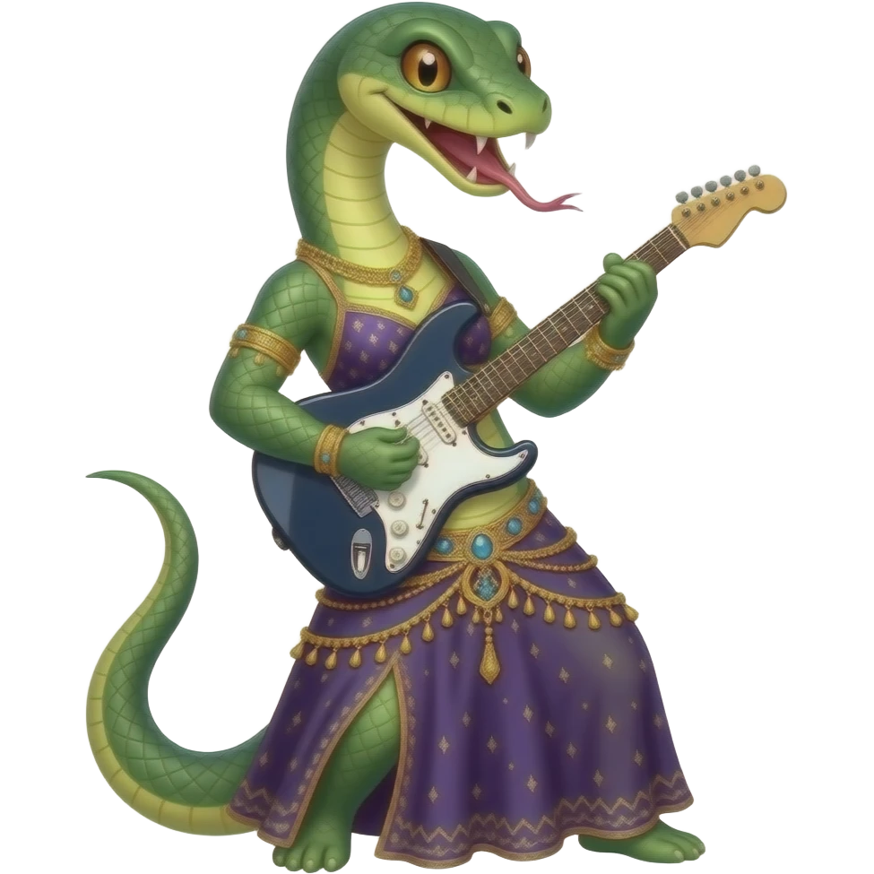 venomous snake that plays an electric guitar with bellydance skirt emoji