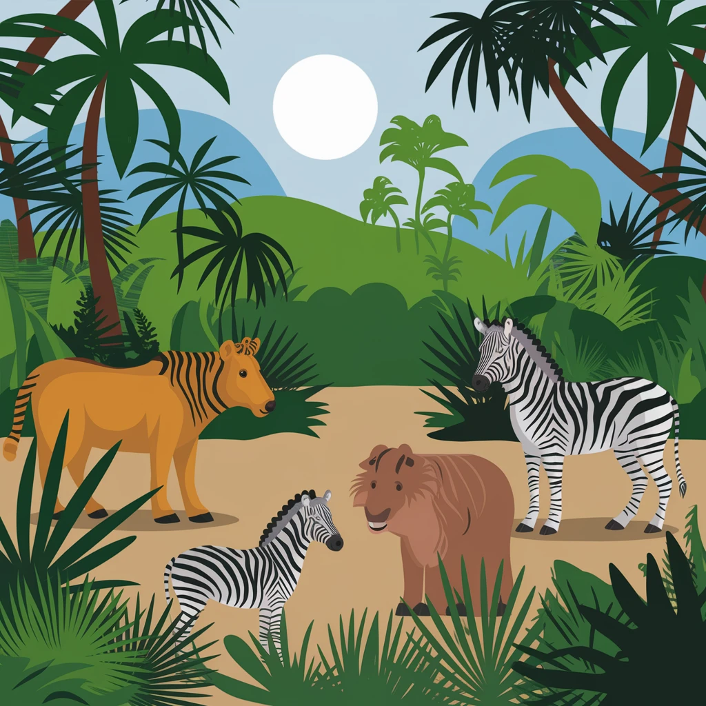 digital illustration of jungle safari in the style of children's story book emoji
