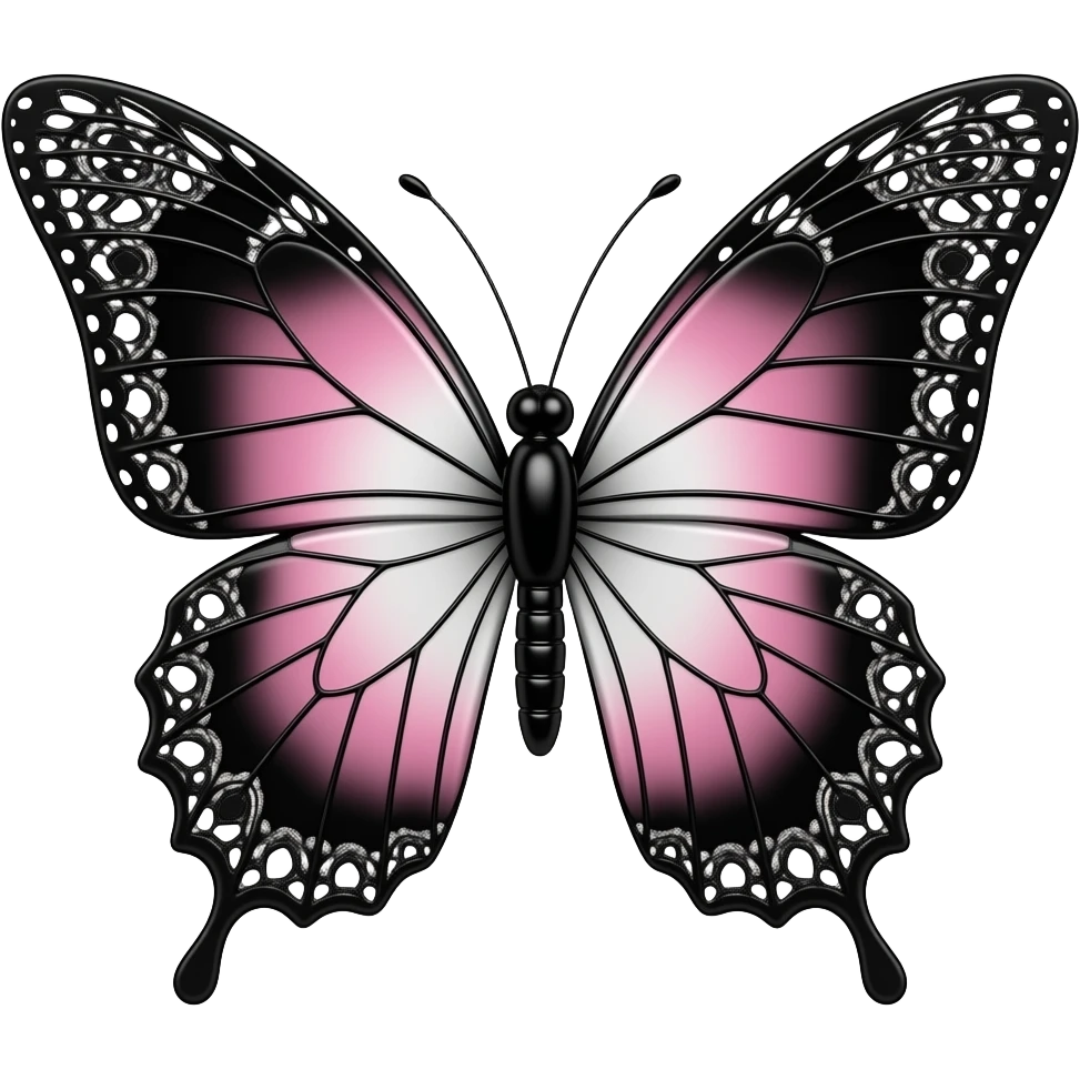 rosa em degradê, gema branca, elegante borboleta de vidro vibrante em tom rosa suave.borboleta, laço gótico emoji 3D, veludo preto, filigrana prateada, acabamento em renda preta,Sparkling black butterfly emoji