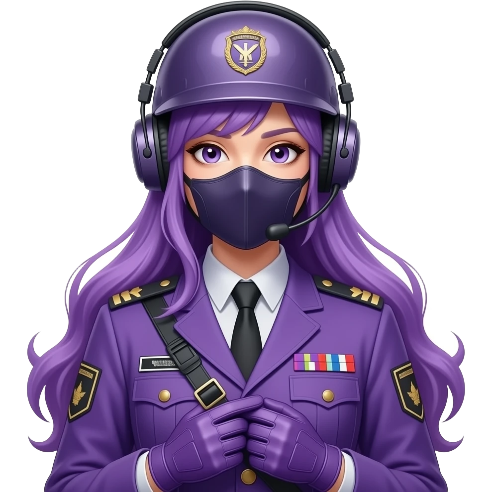 sexy girl with long purple hair wears a purple army uniform, a helmet and a headset with a mask and gloves on her hands emoji