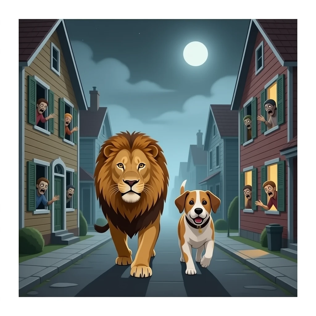 quiero que en un pueblo este un leon y un perro andando porel pueblo y que las persoans esten en las casas con madera en la puerta como en las peliculas de zombiespero las personas asustadas emoji