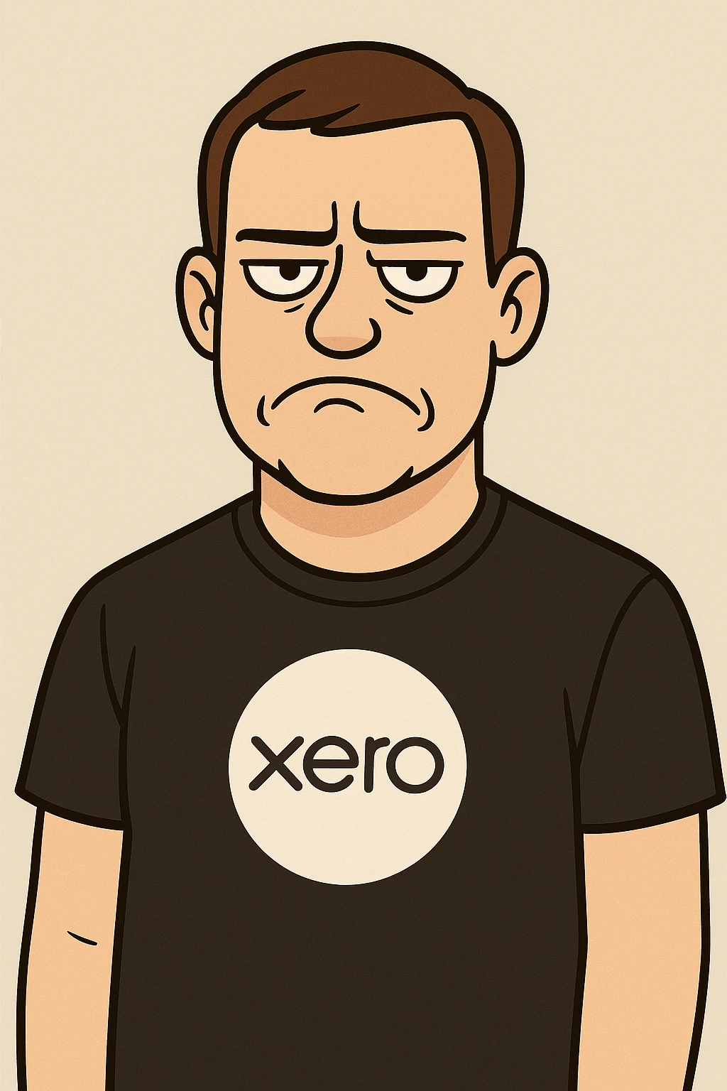 Create a cartoon style image of a man with short brown hair, wearing a black Xero t-shirt, with a not amused expression. Use a simple background. emoji