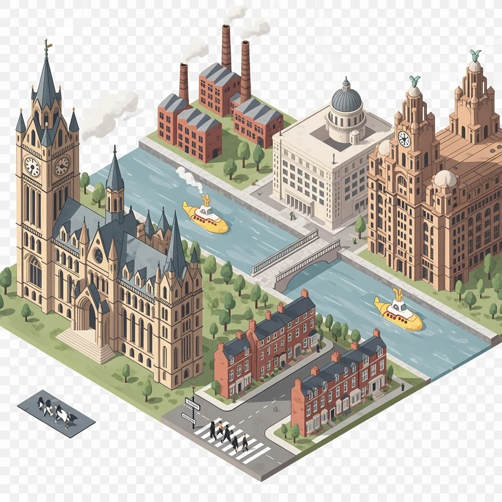 Isometric illustration of Manchester and Liverpool combined, featuring Beatles references (Abbey Road sign), Manchester Town Hall, toy-style factories, muted pastel tones, balanced between stylized painting and realistic,  transparent background emoji
