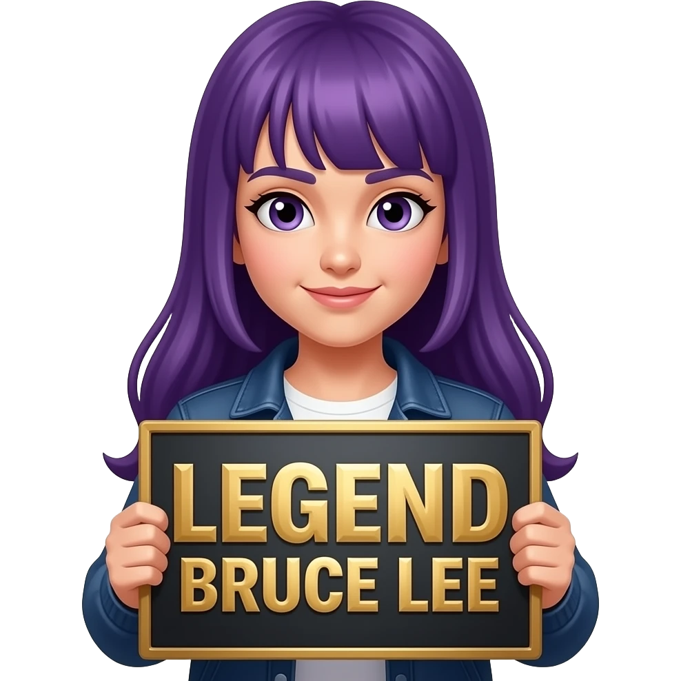 girl with long purple hair holding a Legend BRUCE LEE sign emoji