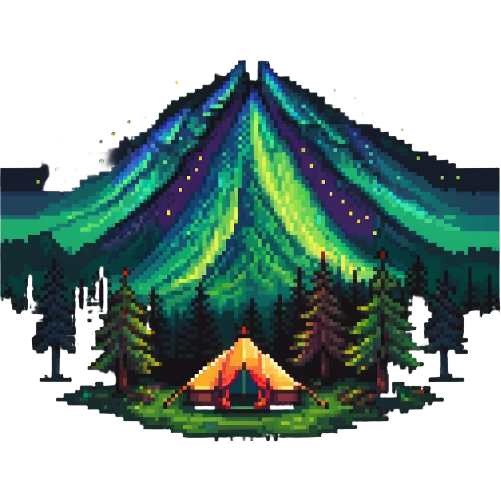 aurora borealis night sky over forest with tent emoji