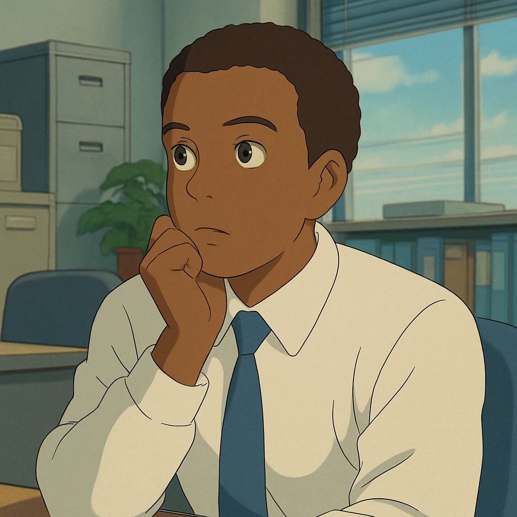 Black office employee, white shirt, thinking emoji