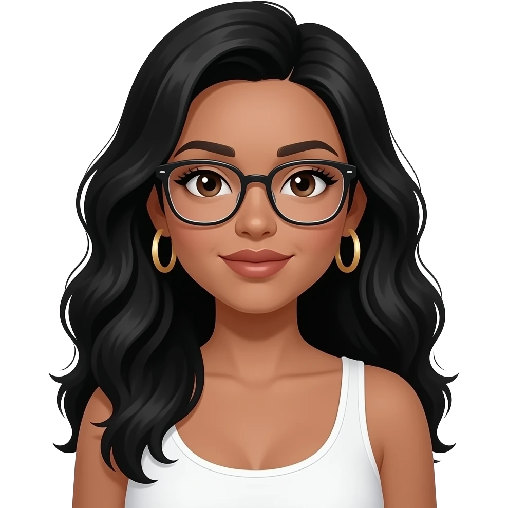 very light brown skin, almost pale, very plae, very beautiful woman, with big plump lips, long long lashes, black wavy long hair, brown eyes, white tank top, gold hoop earrings and glasses emoji