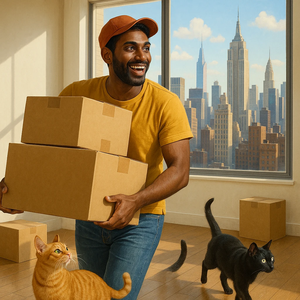 An Indian Black man with his two cats moving into a New York City apartment, showing boxes, city skyline, and excitement emoji