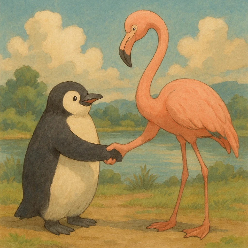 penguin and flamingo shaking hands, soft colors, no text emoji
