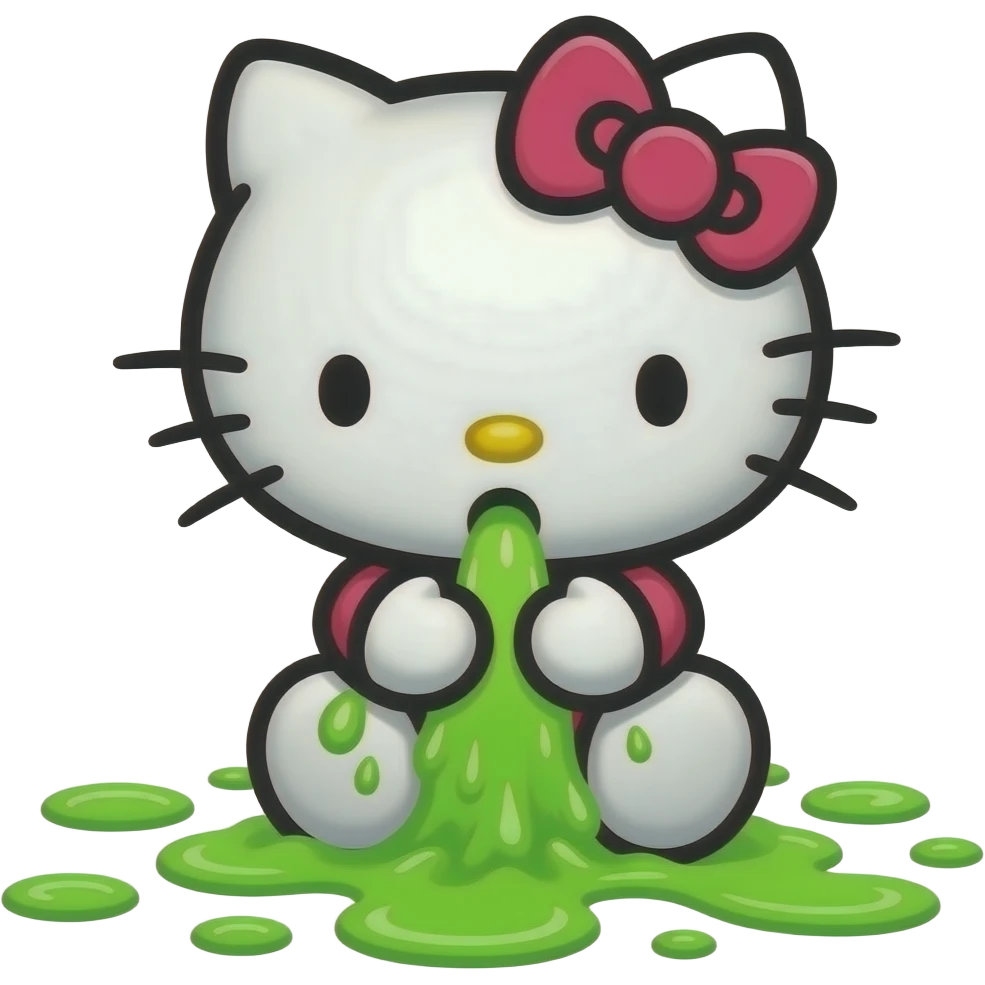 A hello kitty is vomiting neon green through her mouth, spewing it out onto the floor at her feet niagara emoji
